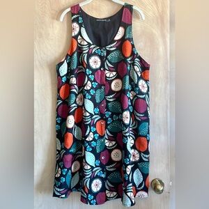 GUDRUN SJODEN Linen Dress Black Multicolor L – Boho Artsy Patterned Relaxed Fit